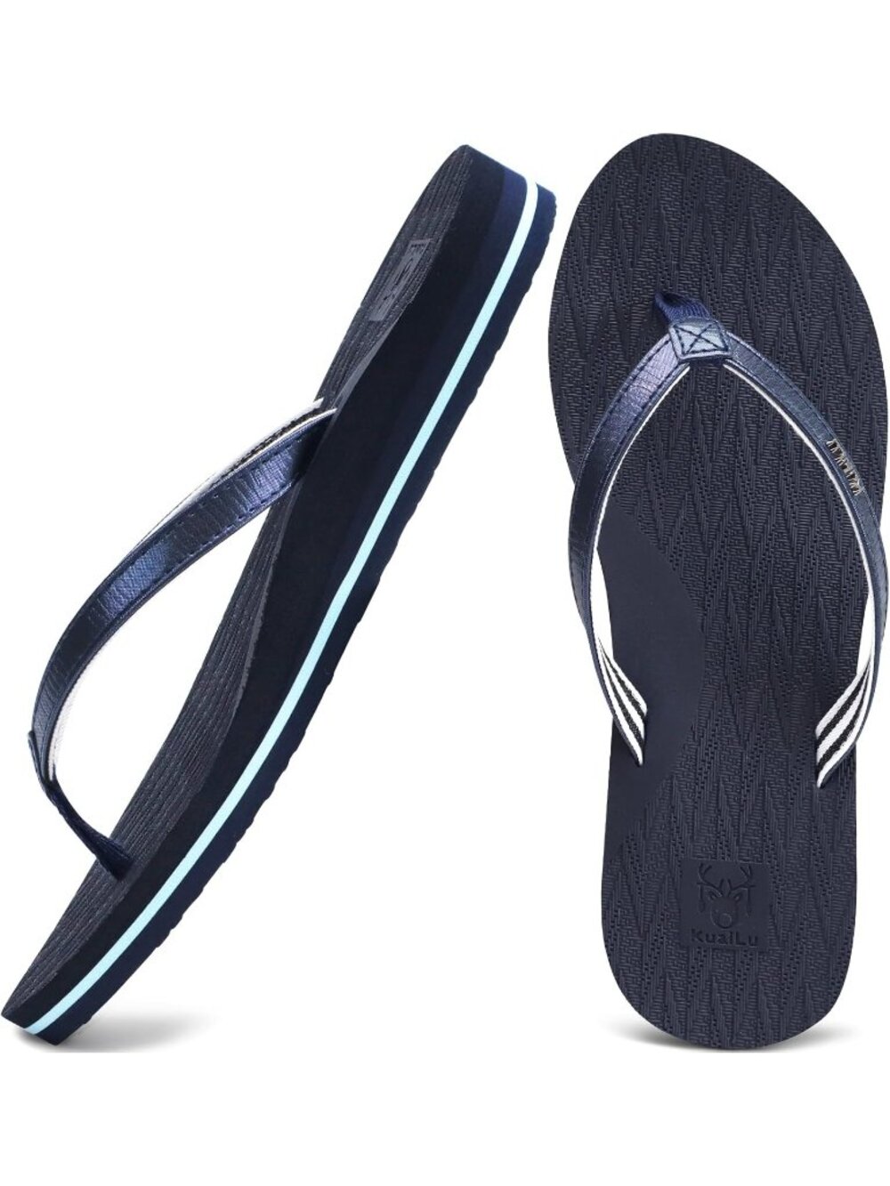 Women's Dark Blue Faux Leather Fashion Flip Flops Ladies Lightweight Sandals